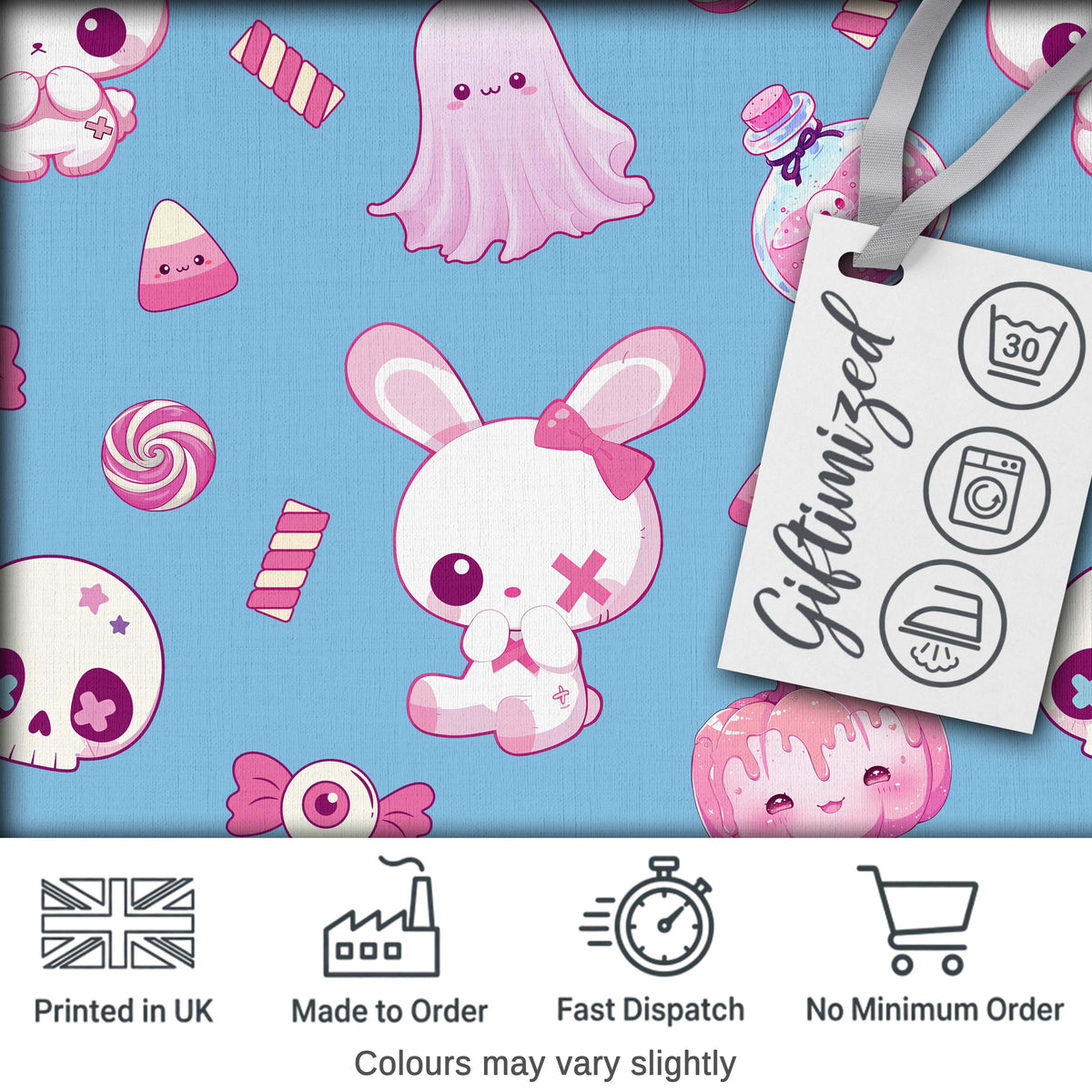 Kawaii Halloween Bunny Ghost Candy Pumpkin Seamless Pattern Blue Background Digital Print Fabric by the Metre UK Sewing Quilting Textile