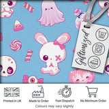 Kawaii Halloween Bunny Ghost Candy Pumpkin Seamless Pattern Blue Background Digital Print Fabric by the Metre UK Sewing Quilting Textile
