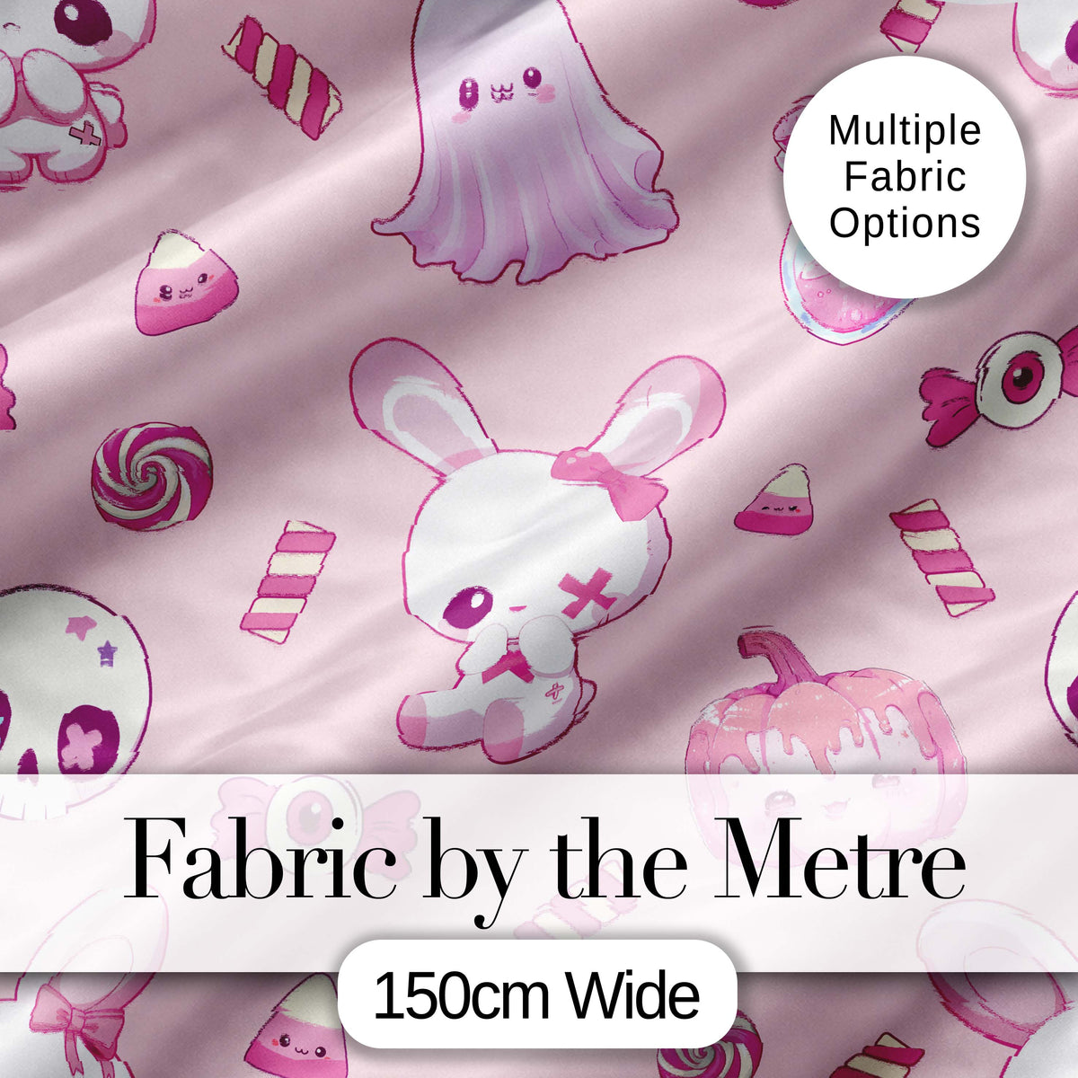 Kawaii Halloween Bunny Ghost Candy Pumpkin Seamless Pattern Blush Background Digital Print Fabric by the Metre UK Sewing Quilting Textile