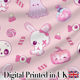 Kawaii Halloween Bunny Ghost Candy Pumpkin Seamless Pattern Blush Background Digital Print Fabric by the Metre UK Sewing Quilting Textile