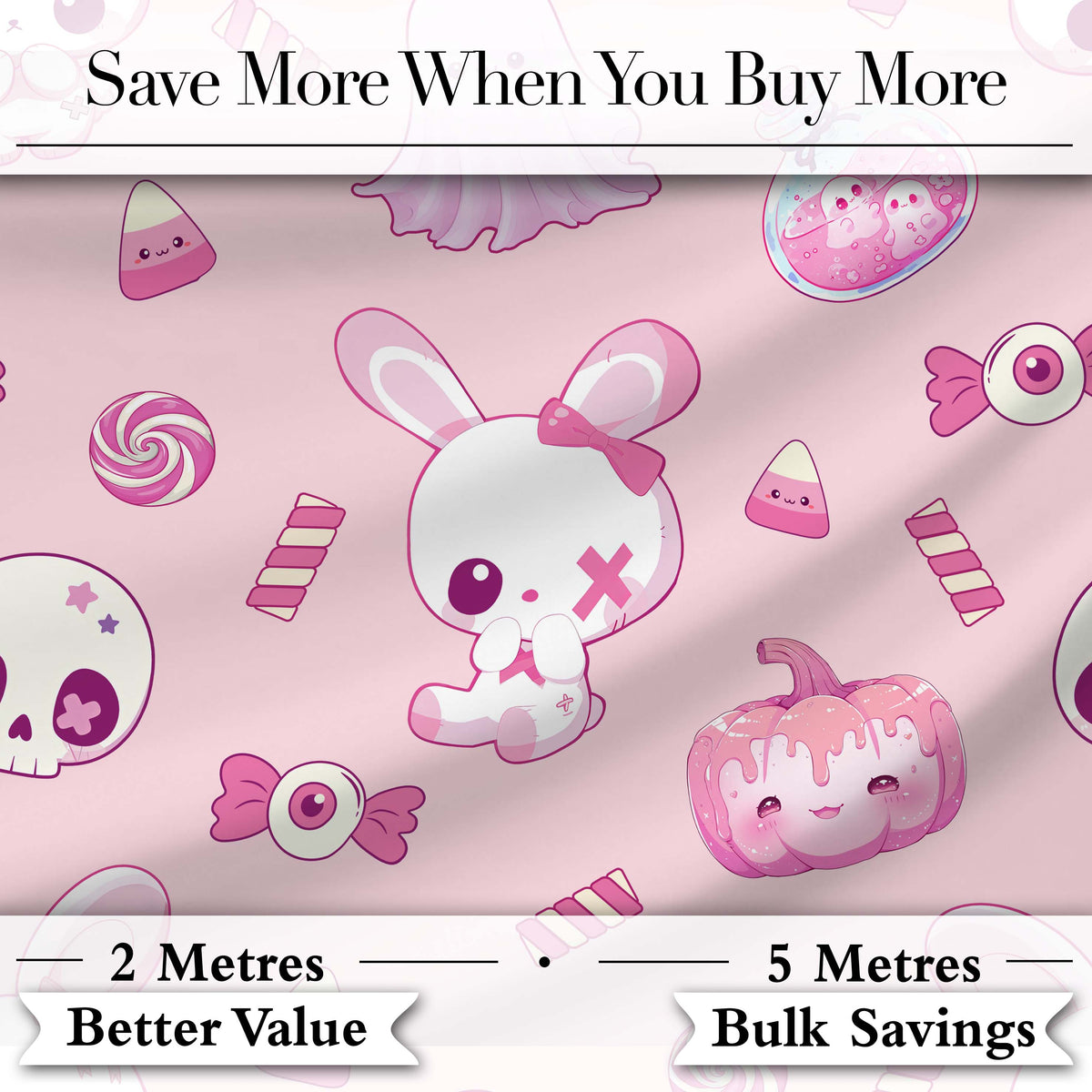 Kawaii Halloween Bunny Ghost Candy Pumpkin Seamless Pattern Blush Background Digital Print Fabric by the Metre UK Sewing Quilting Textile