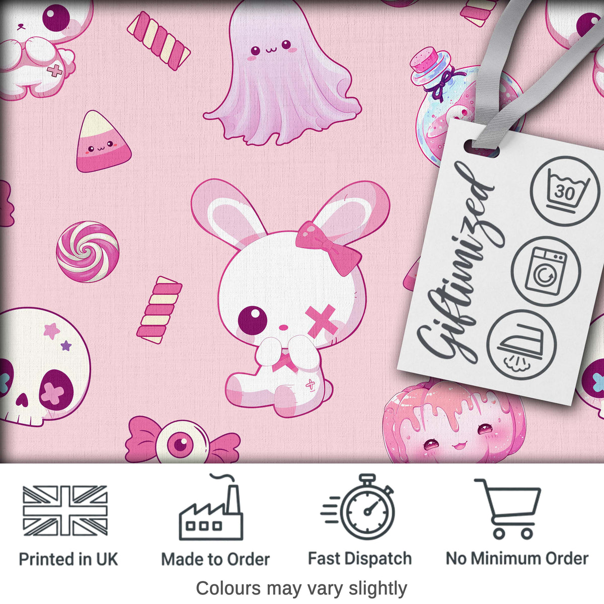 Kawaii Halloween Bunny Ghost Candy Pumpkin Seamless Pattern Blush Background Digital Print Fabric by the Metre UK Sewing Quilting Textile