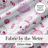 Kawaii Halloween Bunny Ghost Candy Pumpkin Seamless Pattern Grey Background Digital Print Fabric by the Metre UK Sewing Quilting Textile