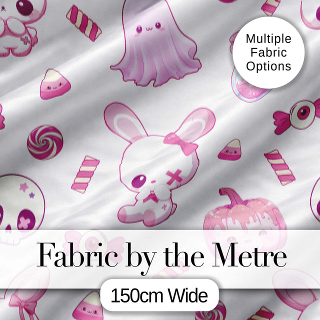 Kawaii Halloween Bunny Ghost Candy Pumpkin Seamless Pattern Grey Background Digital Print Fabric by the Metre UK Sewing Quilting Textile