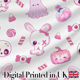 Kawaii Halloween Bunny Ghost Candy Pumpkin Seamless Pattern Grey Background Digital Print Fabric by the Metre UK Sewing Quilting Textile