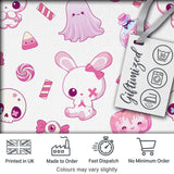 Kawaii Halloween Bunny Ghost Candy Pumpkin Seamless Pattern Grey Background Digital Print Fabric by the Metre UK Sewing Quilting Textile