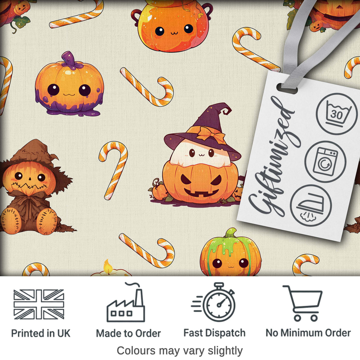 Cute Kawaii Halloween Pumpkin Witch Candy Seamless Pattern Cream Background Digital Print Fabric by the Metre UK Sewing Quilting Textile