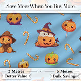 Cute Kawaii Halloween Pumpkin Witch Candy Seamless Pattern Blue Background Digital Print Fabric by the Metre UK Sewing Quilting Textile