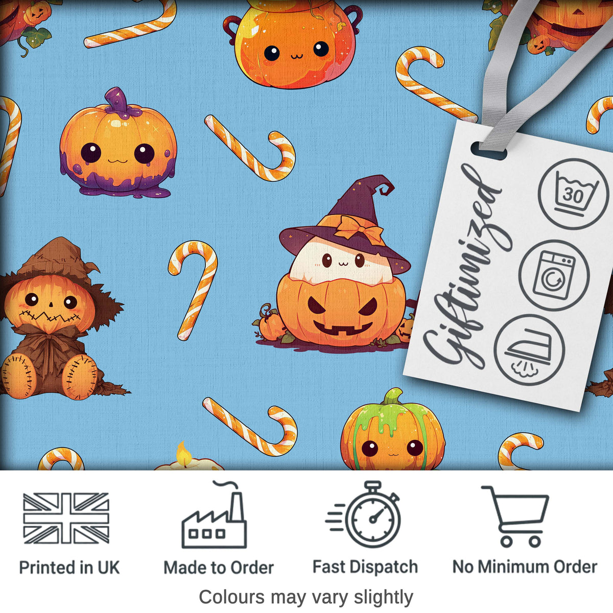 Cute Kawaii Halloween Pumpkin Witch Candy Seamless Pattern Blue Background Digital Print Fabric by the Metre UK Sewing Quilting Textile