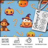 Cute Kawaii Halloween Pumpkin Witch Candy Seamless Pattern Blue Background Digital Print Fabric by the Metre UK Sewing Quilting Textile