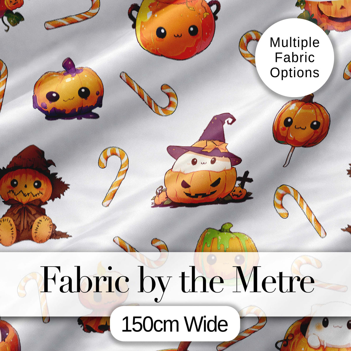 Cute Kawaii Halloween Pumpkin Witch Candy Seamless Pattern Grey Background Digital Print Fabric by the Metre UK Sewing Quilting Textile