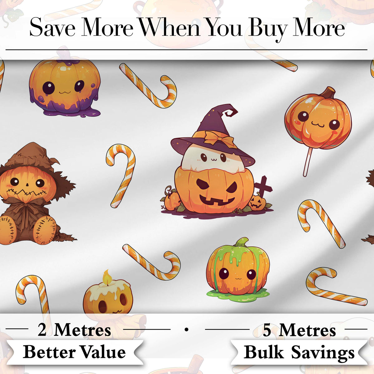 Cute Kawaii Halloween Pumpkin Witch Candy Seamless Pattern Grey Background Digital Print Fabric by the Metre UK Sewing Quilting Textile