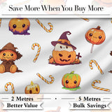 Cute Kawaii Halloween Pumpkin Witch Candy Seamless Pattern Grey Background Digital Print Fabric by the Metre UK Sewing Quilting Textile