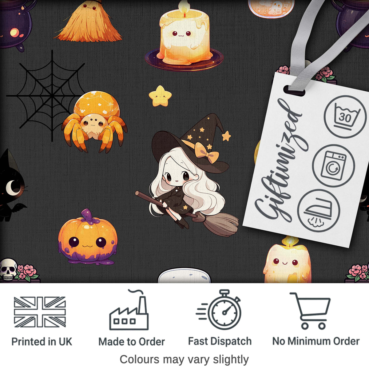 Cute Kawaii Halloween Witch Pumpkin Spider Seamless Pattern Dark Background Digital Print Fabric by the Metre UK Sewing Quilting Textile