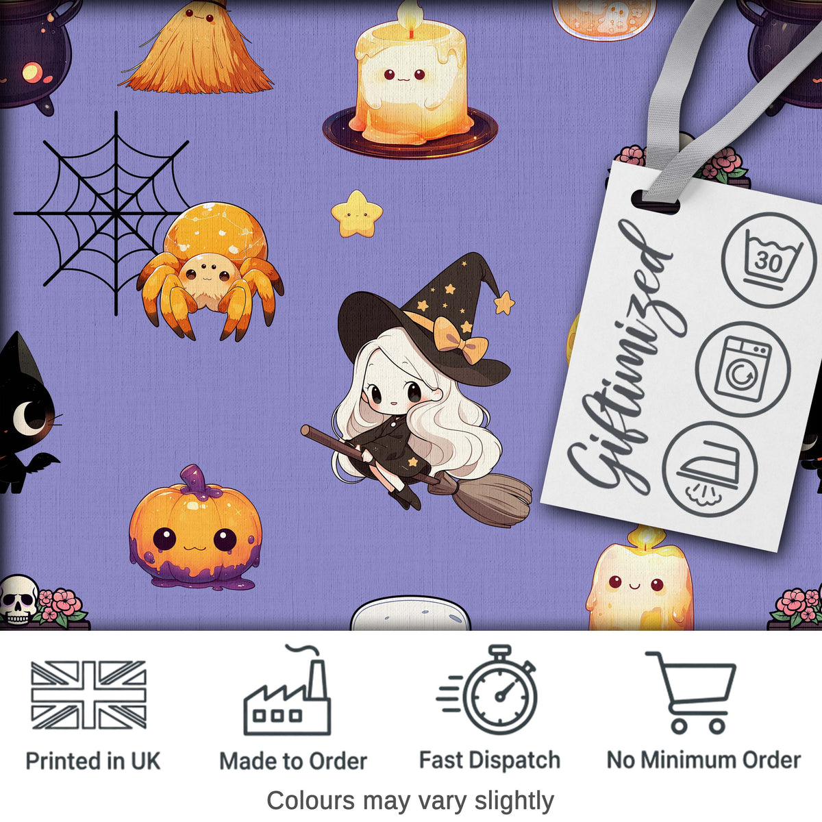 Cute Kawaii Halloween Witch Pumpkin Spider Seamless Pattern Purple Background Digital Print Fabric by the Metre UK Sewing Quilting Textile