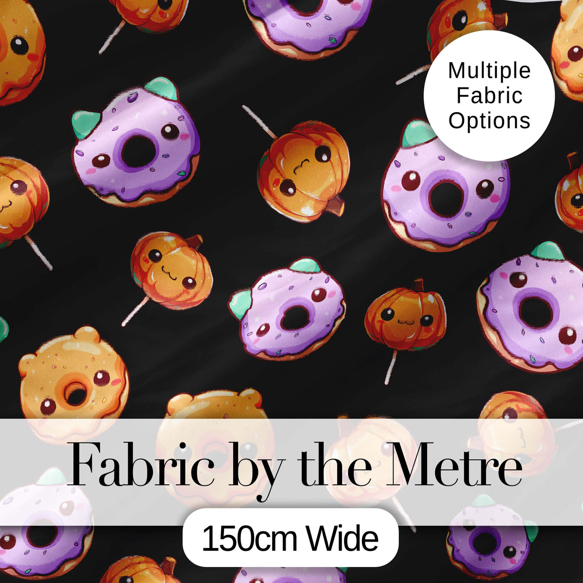 Cute Halloween Donuts Pumpkin Lollipop Seamless Pattern Black Background Digital Print Fabric by the Metre UK Sewing Quilting Textile