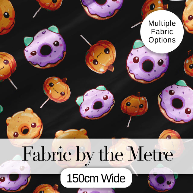 Cute Halloween Donuts Pumpkin Lollipop Seamless Pattern Black Background Digital Print Fabric by the Metre UK Sewing Quilting Textile