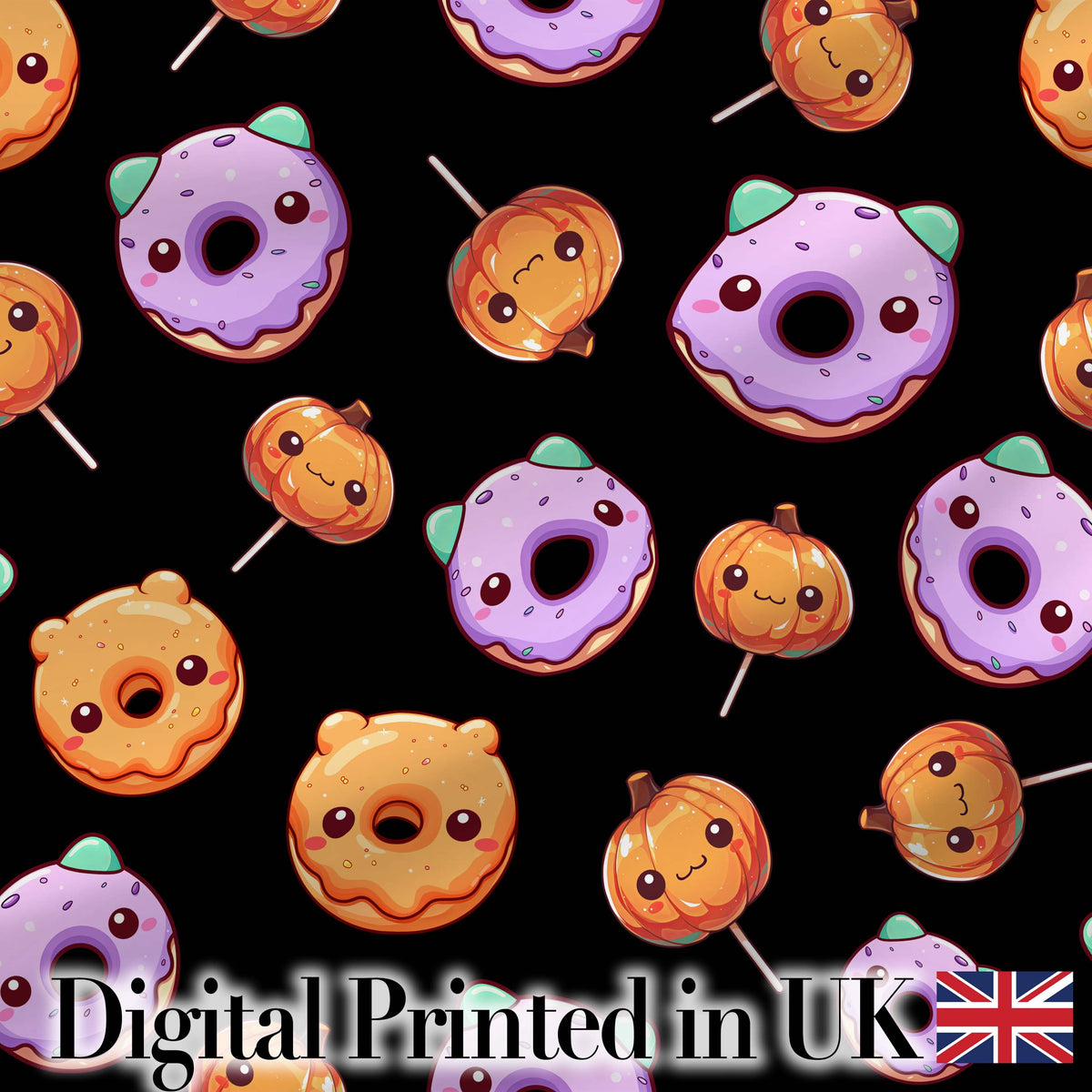 Cute Halloween Donuts Pumpkin Lollipop Seamless Pattern Black Background Digital Print Fabric by the Metre UK Sewing Quilting Textile