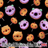 Cute Halloween Donuts Pumpkin Lollipop Seamless Pattern Black Background Digital Print Fabric by the Metre UK Sewing Quilting Textile