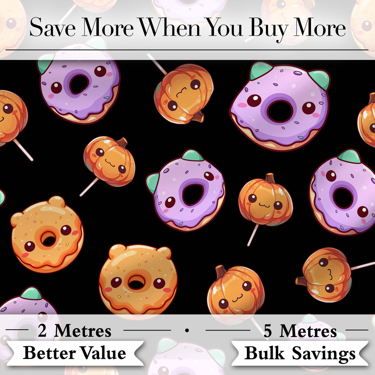 Cute Halloween Donuts Pumpkin Lollipop Seamless Pattern Black Background Digital Print Fabric by the Metre UK Sewing Quilting Textile