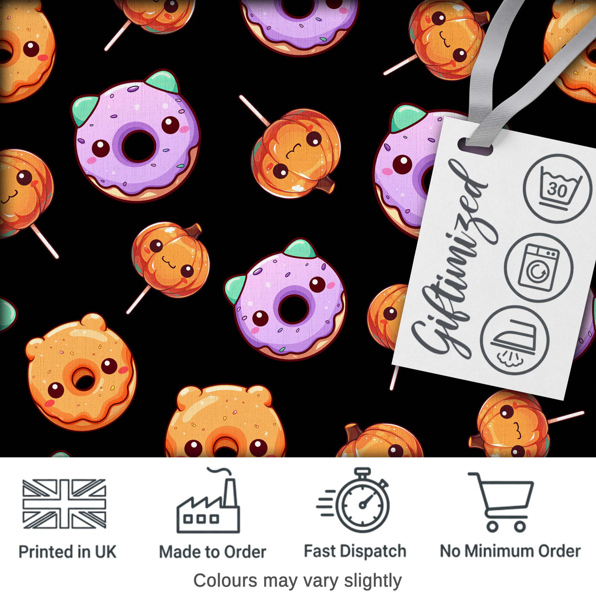 Cute Halloween Donuts Pumpkin Lollipop Seamless Pattern Black Background Digital Print Fabric by the Metre UK Sewing Quilting Textile