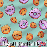 Cute Halloween Donuts Pumpkin Lollipop Seamless Pattern Teal Background Digital Print Fabric by the Metre UK Sewing Quilting Textile