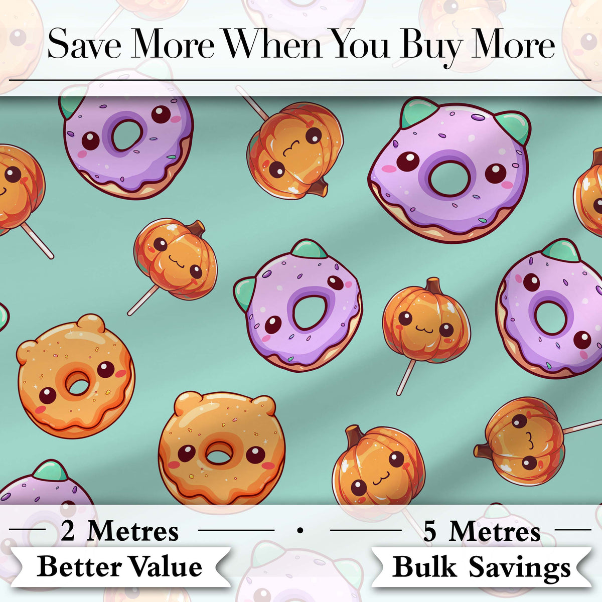 Cute Halloween Donuts Pumpkin Lollipop Seamless Pattern Teal Background Digital Print Fabric by the Metre UK Sewing Quilting Textile