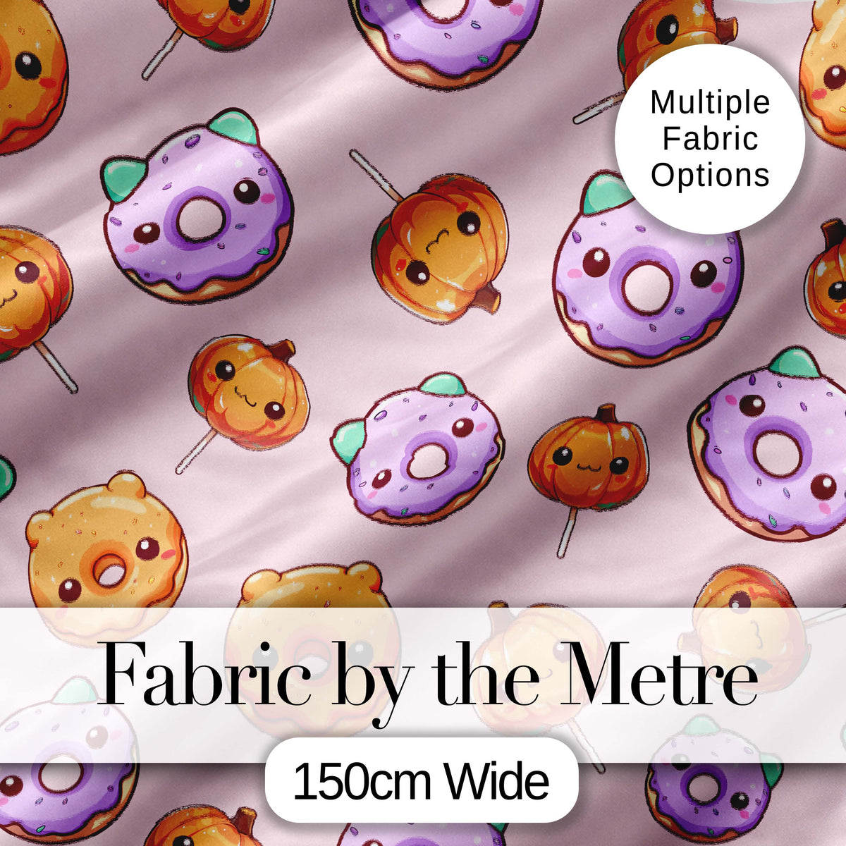 Cute Halloween Donuts Pumpkin Lollipop Seamless Pattern Soft Pink Background Digital Print Fabric by the Metre UK Sewing Quilting Textile