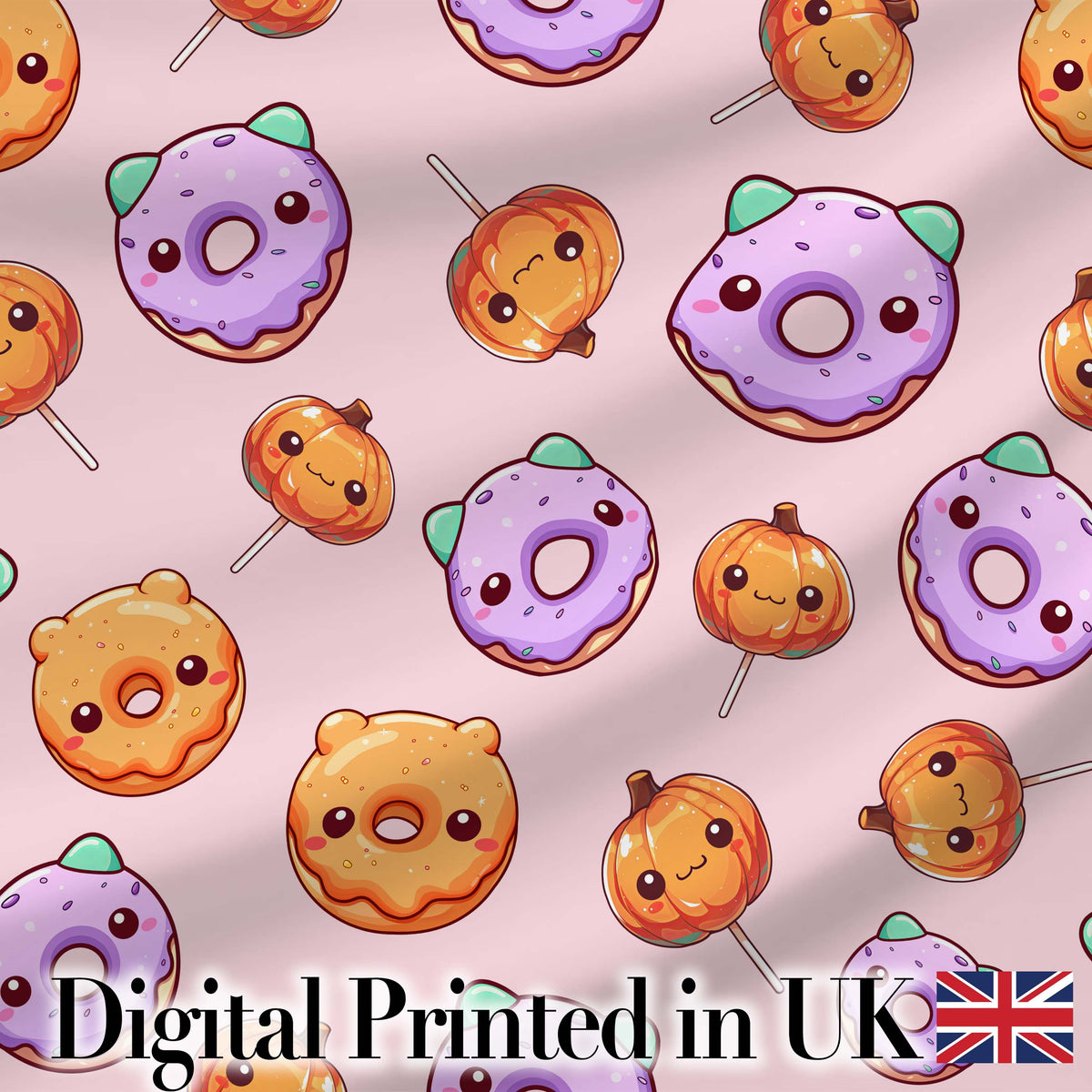 Cute Halloween Donuts Pumpkin Lollipop Seamless Pattern Soft Pink Background Digital Print Fabric by the Metre UK Sewing Quilting Textile