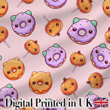 Cute Halloween Donuts Pumpkin Lollipop Seamless Pattern Soft Pink Background Digital Print Fabric by the Metre UK Sewing Quilting Textile