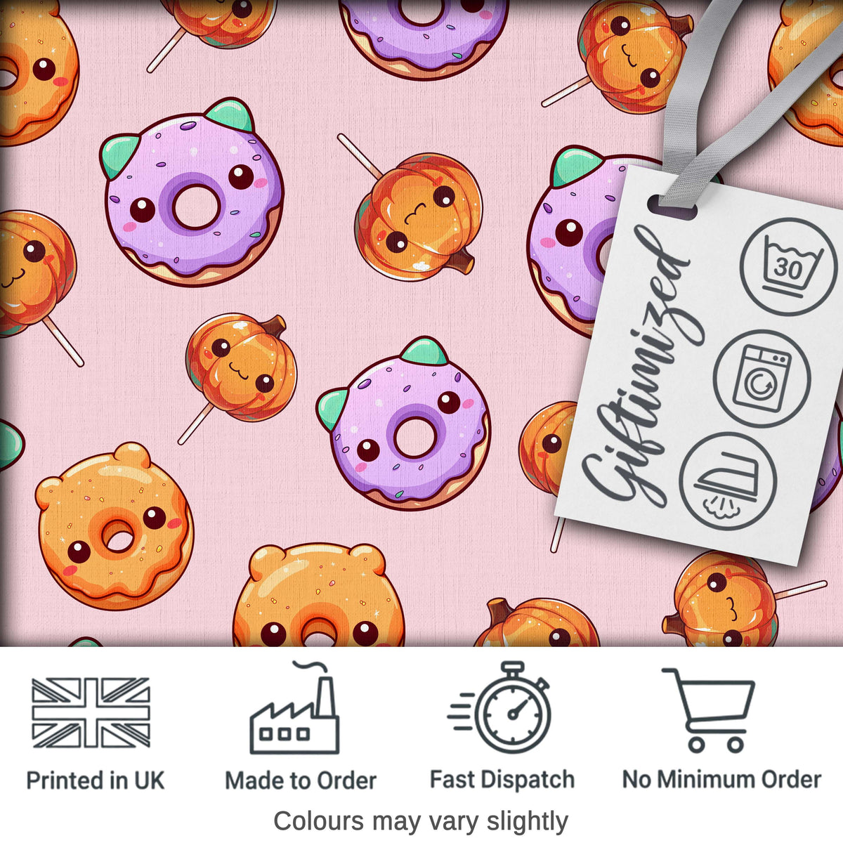 Cute Halloween Donuts Pumpkin Lollipop Seamless Pattern Soft Pink Background Digital Print Fabric by the Metre UK Sewing Quilting Textile