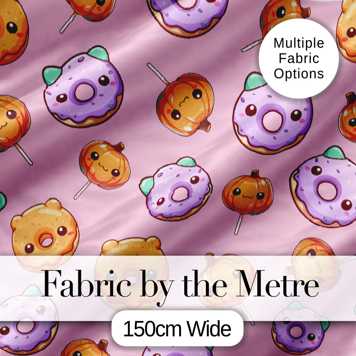 Cute Halloween Donuts Pumpkin Lollipop Seamless Pattern Blush Pink Background Digital Print Fabric by the Metre UK Sewing Quilting Textile
