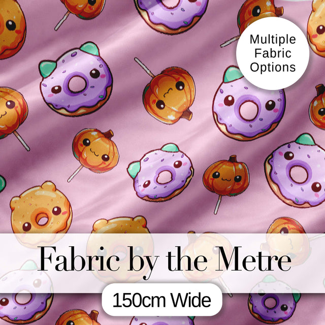 Cute Halloween Donuts Pumpkin Lollipop Seamless Pattern Blush Pink Background Digital Print Fabric by the Metre UK Sewing Quilting Textile