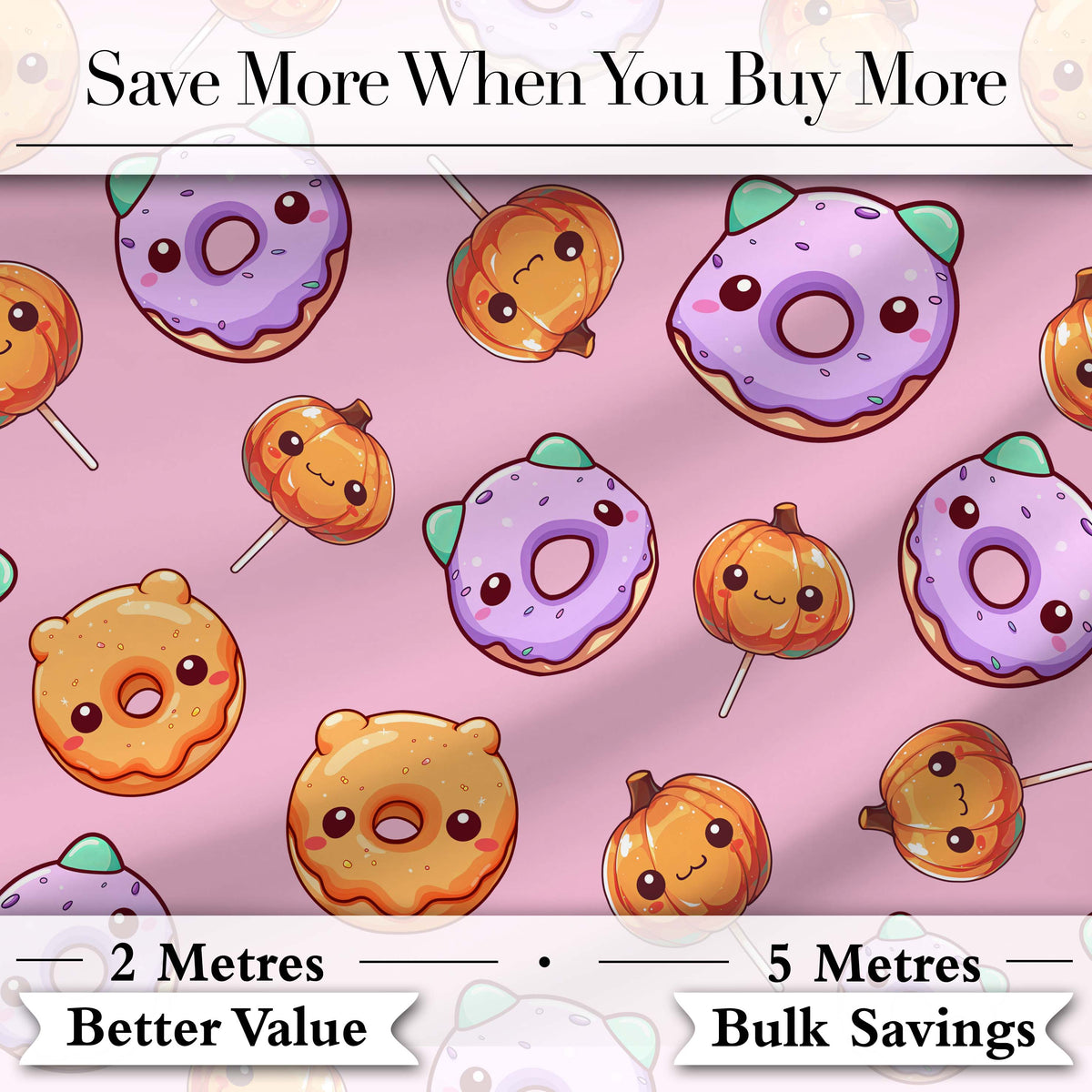 Cute Halloween Donuts Pumpkin Lollipop Seamless Pattern Blush Pink Background Digital Print Fabric by the Metre UK Sewing Quilting Textile