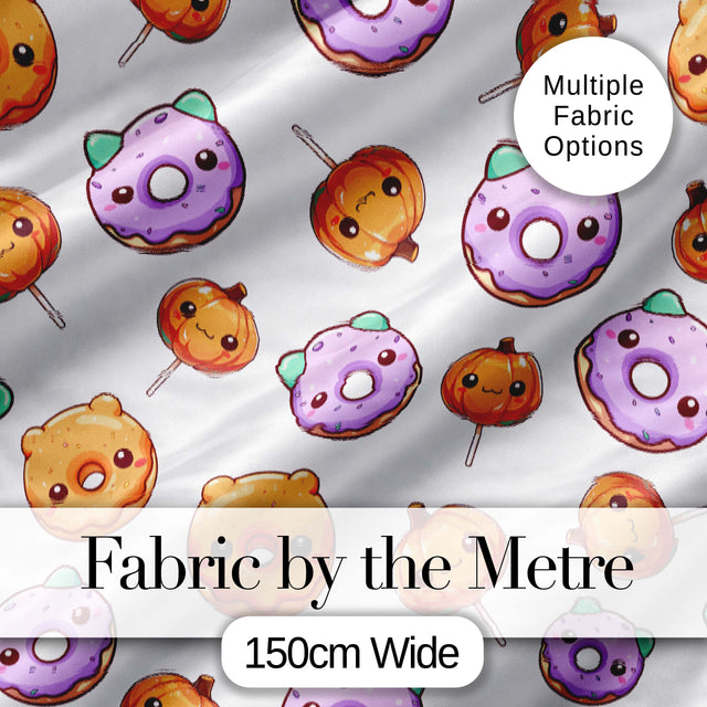 Cute Halloween Donuts Pumpkin Lollipop Seamless Pattern Light Grey Background Digital Print Fabric by the Metre UK Sewing Quilting Textile