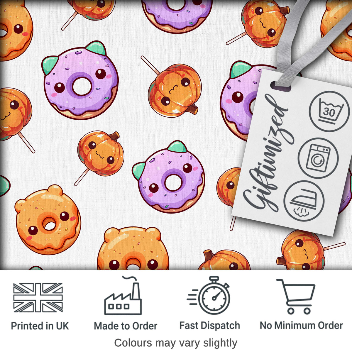 Cute Halloween Donuts Pumpkin Lollipop Seamless Pattern Light Grey Background Digital Print Fabric by the Metre UK Sewing Quilting Textile