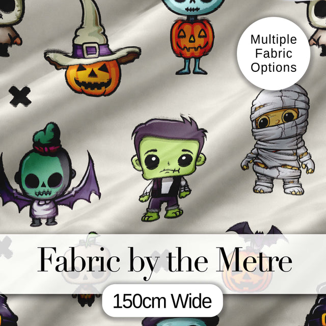 Halloween Character Zombie Mummy Bat Pumpkin Seamless Pattern Beige Background Digital Print Fabric by the Metre UK Sewing Quilting Textile