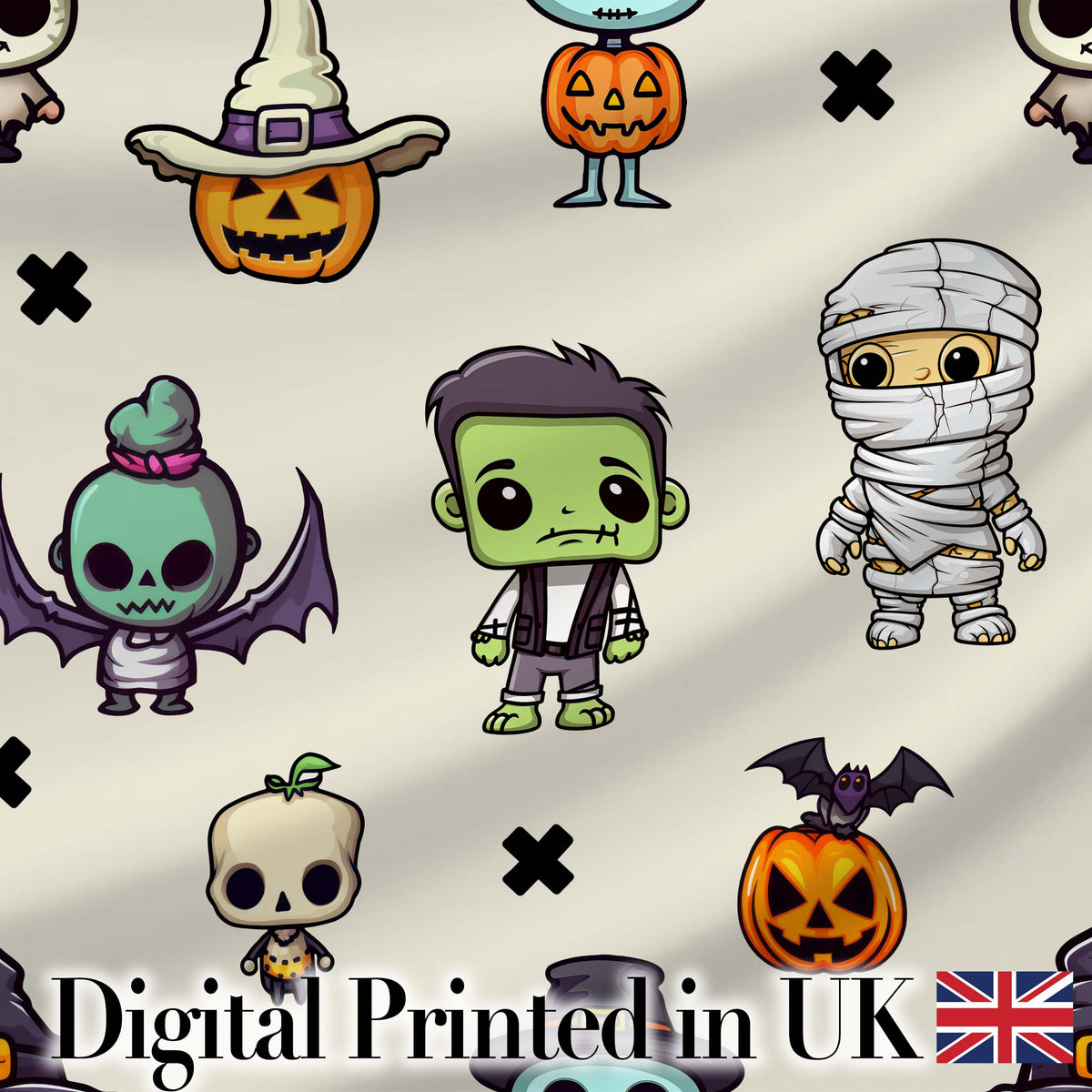 Halloween Character Zombie Mummy Bat Pumpkin Seamless Pattern Beige Background Digital Print Fabric by the Metre UK Sewing Quilting Textile