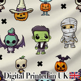 Halloween Character Zombie Mummy Bat Pumpkin Seamless Pattern Beige Background Digital Print Fabric by the Metre UK Sewing Quilting Textile