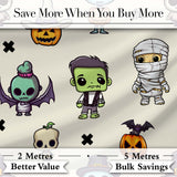 Halloween Character Zombie Mummy Bat Pumpkin Seamless Pattern Beige Background Digital Print Fabric by the Metre UK Sewing Quilting Textile