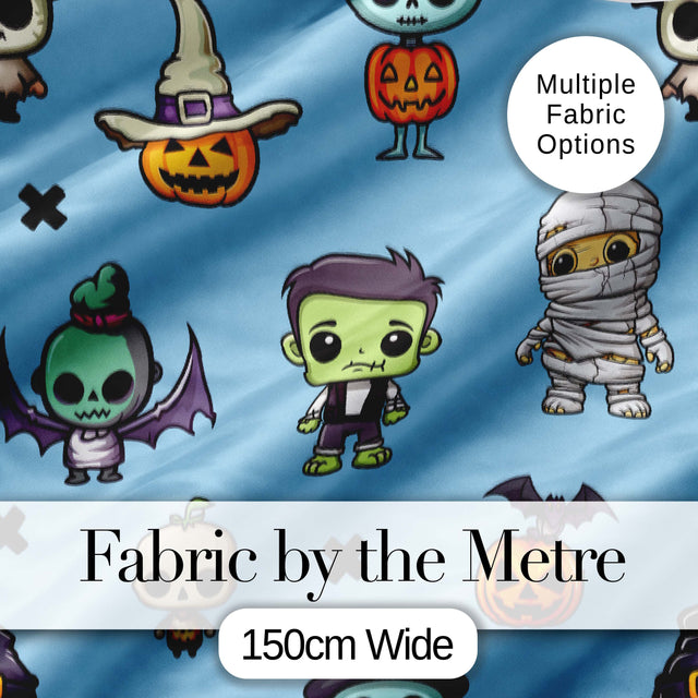 Cute Halloween Frankenstein Mummy Bat Pumpkin Seamless Pattern Blue Background Digital Print Fabric by the Metre UK Sewing Quilting Textile