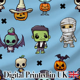 Cute Halloween Frankenstein Mummy Bat Pumpkin Seamless Pattern Blue Background Digital Print Fabric by the Metre UK Sewing Quilting Textile