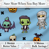 Cute Halloween Frankenstein Mummy Bat Pumpkin Seamless Pattern Blue Background Digital Print Fabric by the Metre UK Sewing Quilting Textile