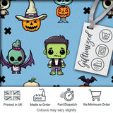 Cute Halloween Frankenstein Mummy Bat Pumpkin Seamless Pattern Blue Background Digital Print Fabric by the Metre UK Sewing Quilting Textile