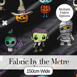 Halloween Frankenstein Mummy Bat Pumpkin Seamless Pattern Dark Grey Background Digital Print Fabric by the Metre UK Sewing Quilting Textile