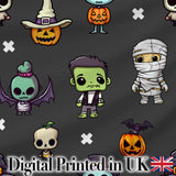 Halloween Frankenstein Mummy Bat Pumpkin Seamless Pattern Dark Grey Background Digital Print Fabric by the Metre UK Sewing Quilting Textile