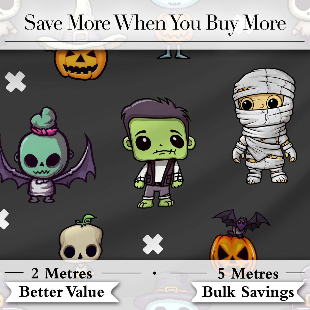 Halloween Frankenstein Mummy Bat Pumpkin Seamless Pattern Dark Grey Background Digital Print Fabric by the Metre UK Sewing Quilting Textile