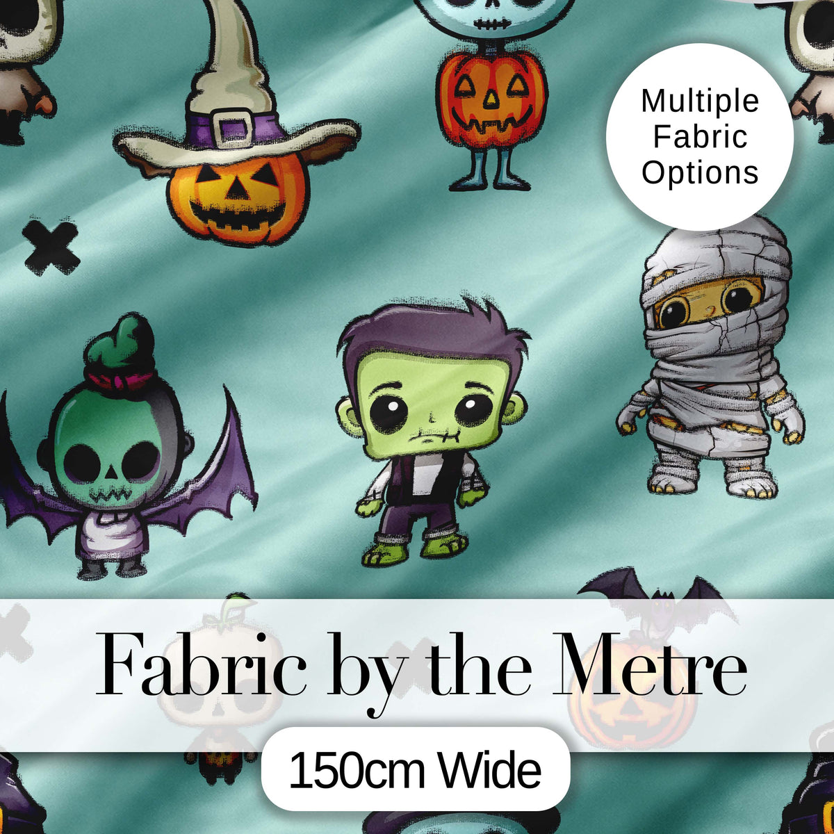 Cute Halloween Frankenstein Mummy Bat Pumpkin Seamless Pattern Teal Background Digital Print Fabric by the Metre UK Sewing Quilting Textile