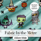 Cute Halloween Frankenstein Mummy Bat Pumpkin Seamless Pattern Teal Background Digital Print Fabric by the Metre UK Sewing Quilting Textile