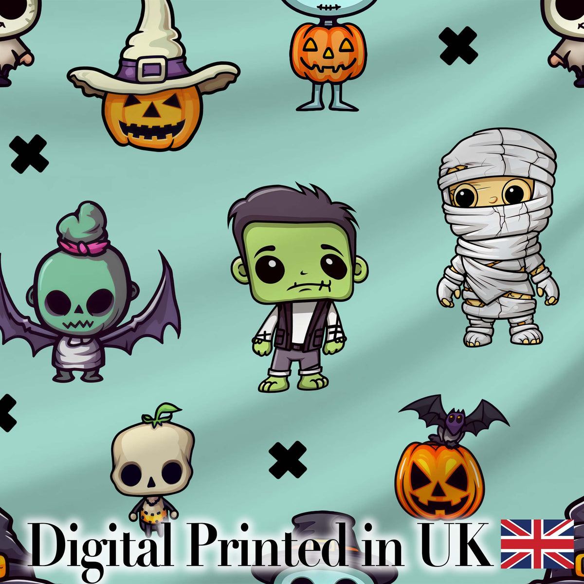 Cute Halloween Frankenstein Mummy Bat Pumpkin Seamless Pattern Teal Background Digital Print Fabric by the Metre UK Sewing Quilting Textile